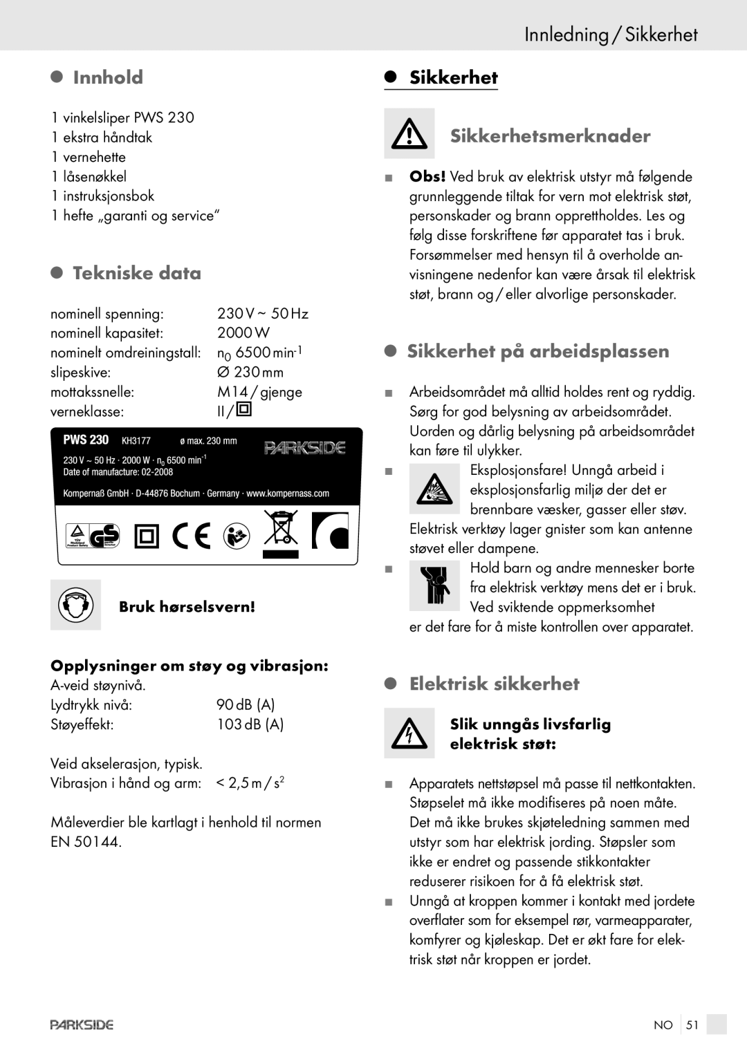 Kompernass PWS 230 manual Innledning / Sikkerhet 